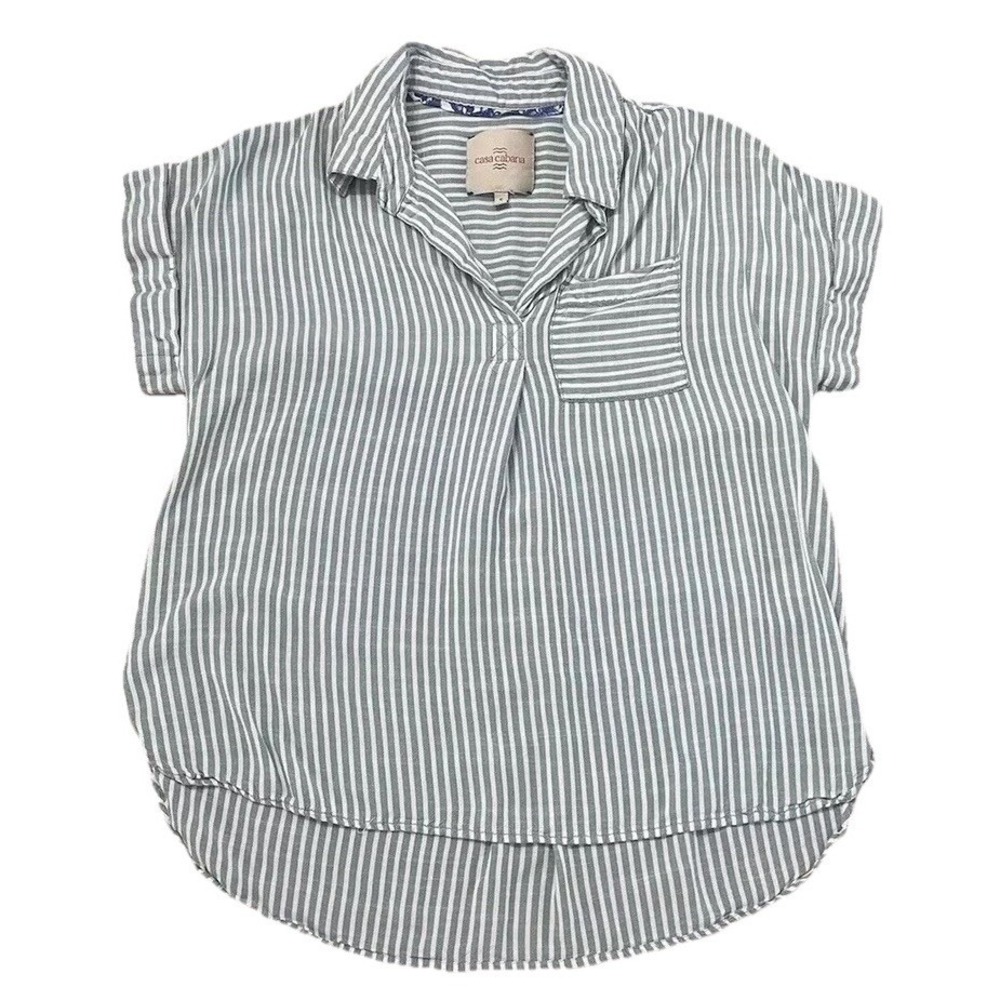 Casa Cabana Darcy Striped Cuffed Sage Green Top Button Up Collar Size Small